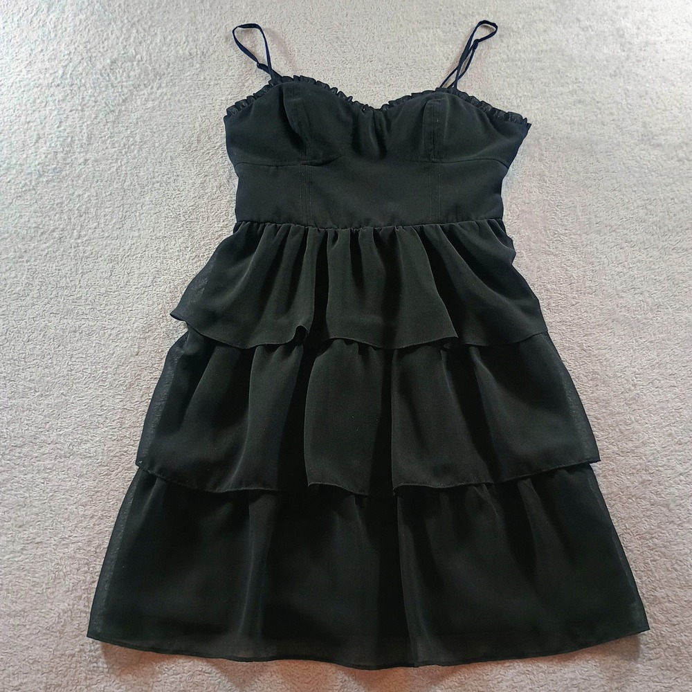American Eagle Women Tiered Ruffle Dress Black 2 Smocked‎ Back Adjustable Straps